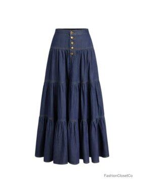 CIDER Long Denim Skirt High Waist Button Front Maxi Tiered Casual